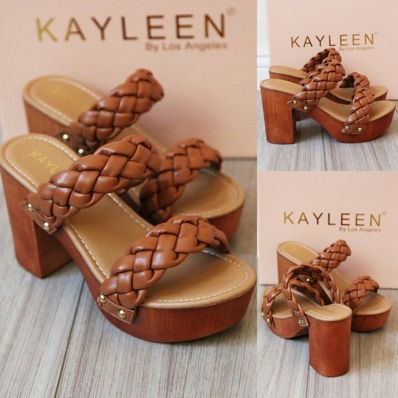 Kayleen By Los Angeles Shoes - NEW Camel Braided Double Strap Platform Comfy Block Heel Slide On Sandals Shoes